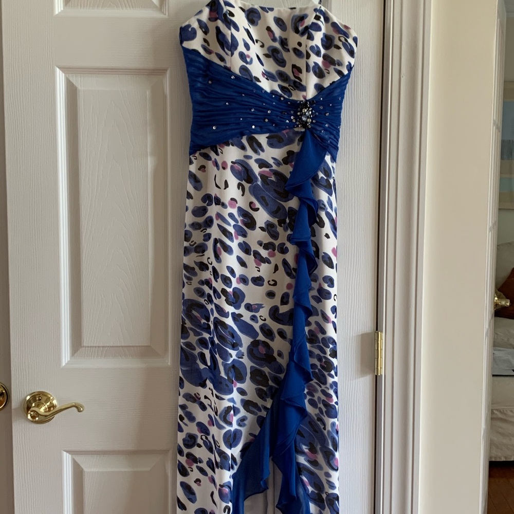 Blue Leopard Print Prom Dress w/ ruffled train